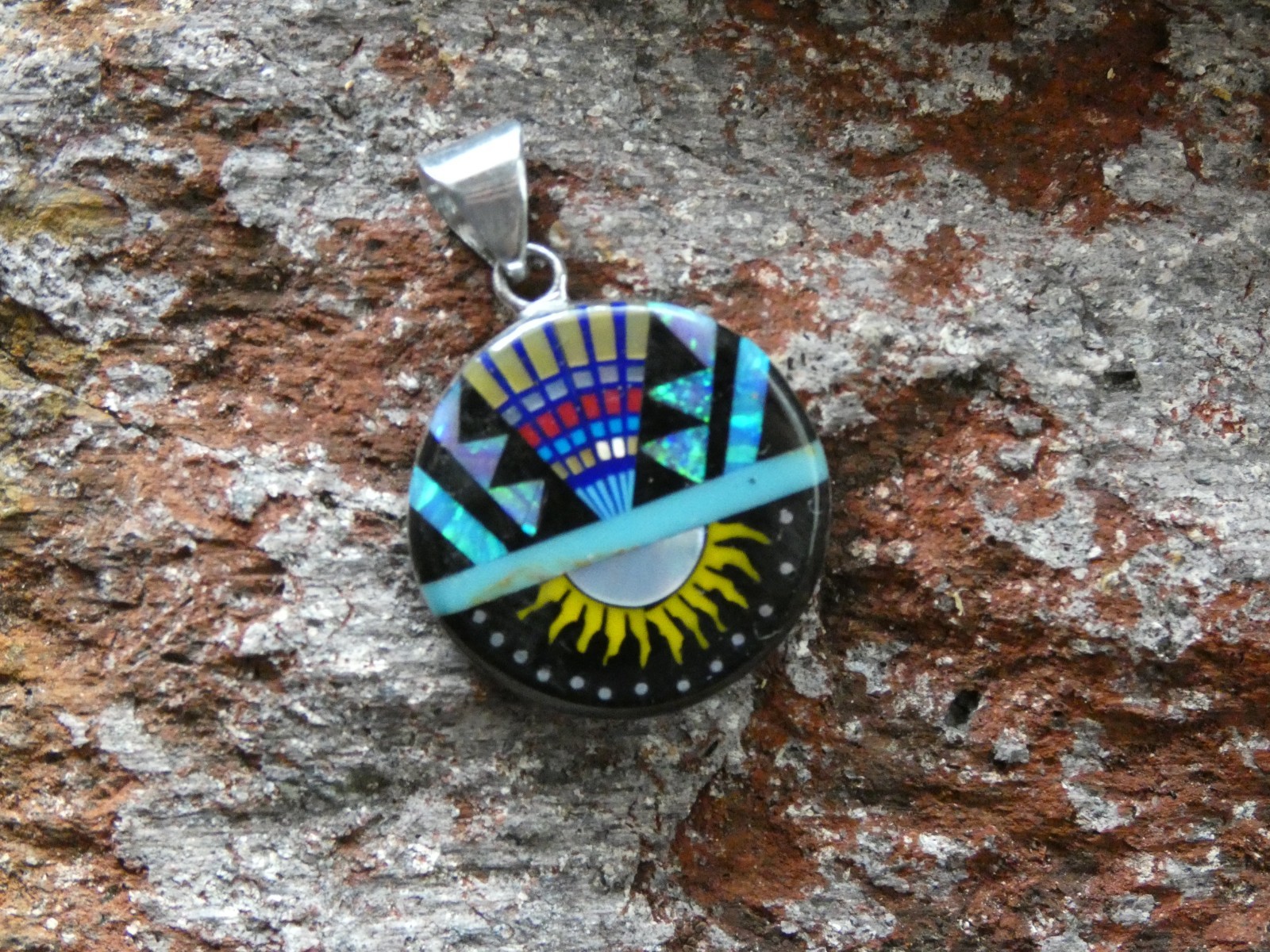 Southwestern Sun Multi Gemstone Opal Aluminum Sterling Silver Alloy Pendant AT1