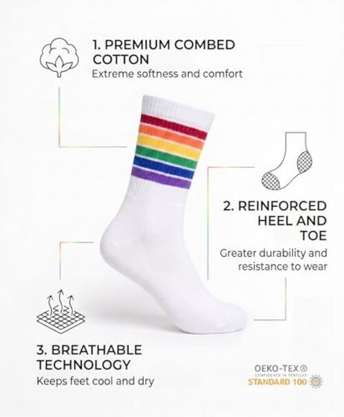 Pride Sport White Socks – Premium Cotton Rainbow Crew Socks | 8-12 Pride White