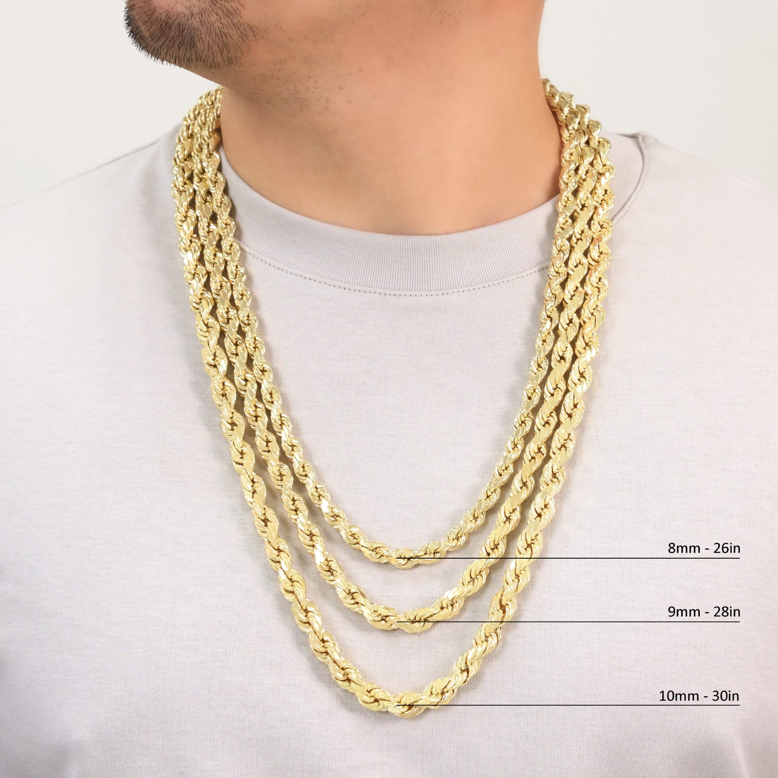 14K Yellow Gold Solid Rope Chain Necklace Bracelet 1mm-10mm Mens Women (7″- 30″)