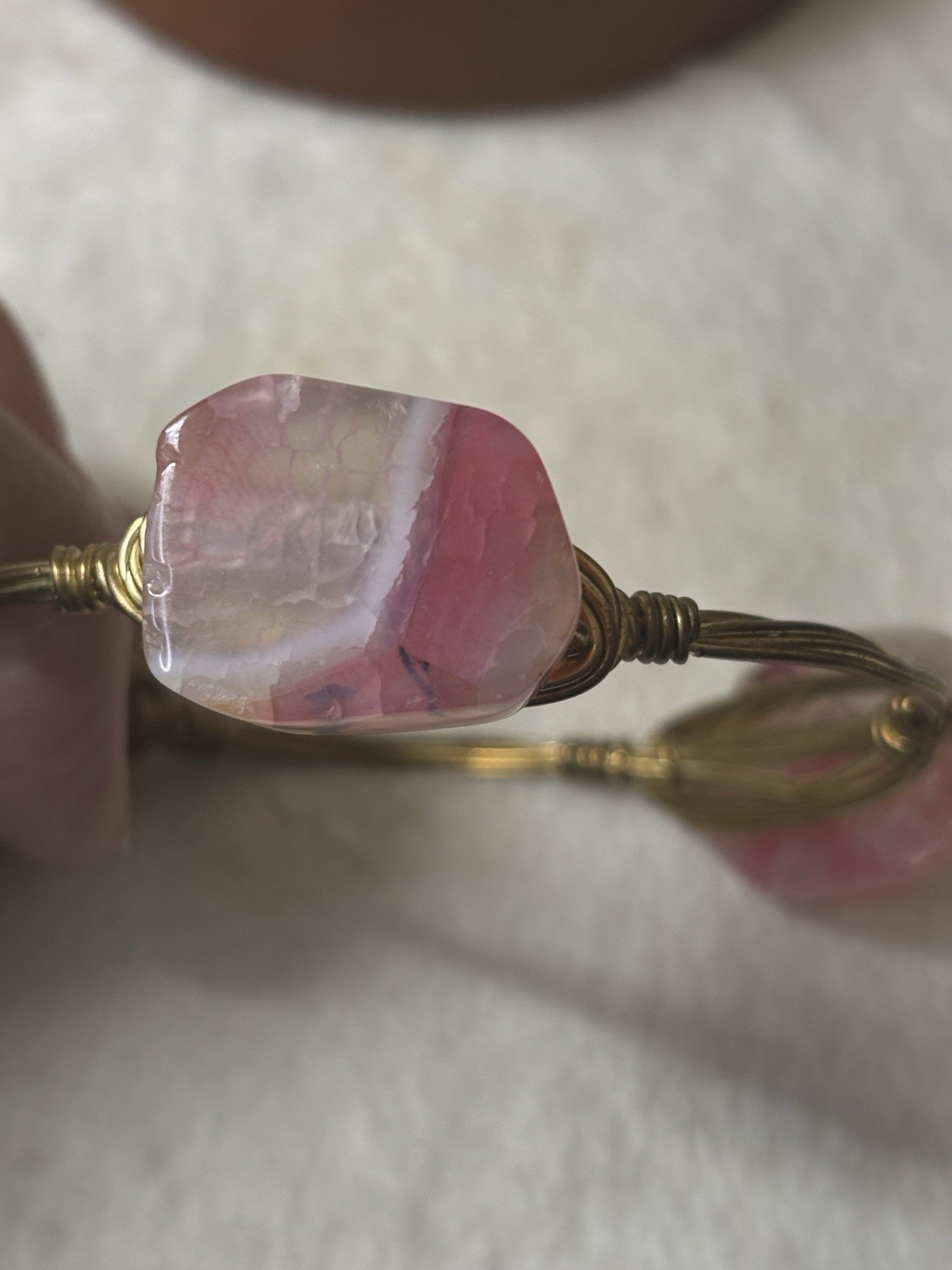 Bourbon & Bowties Gold Plated Wire Wrapped Pink Dyed Quartz Bangle Bracelet
