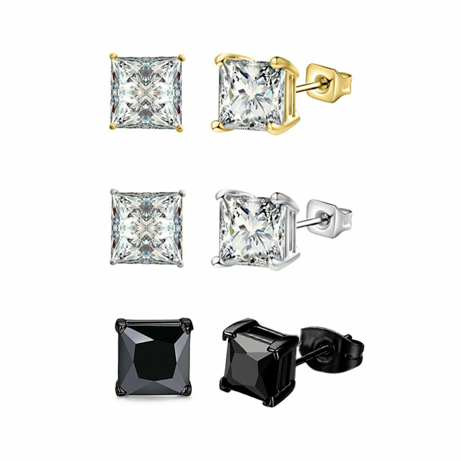 3Pairs Stainless Steel Square Cut CZ Ear Stud Earrings Mens Womens 3mm-8mm Set