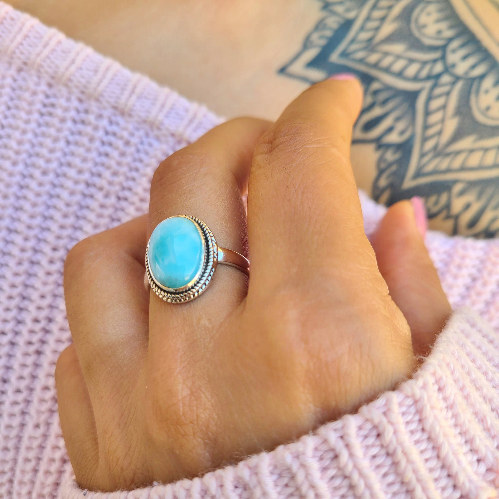 Genuine Larimar Ring 925 Sterling Silver Statement Ring Hand Made Ships From USA