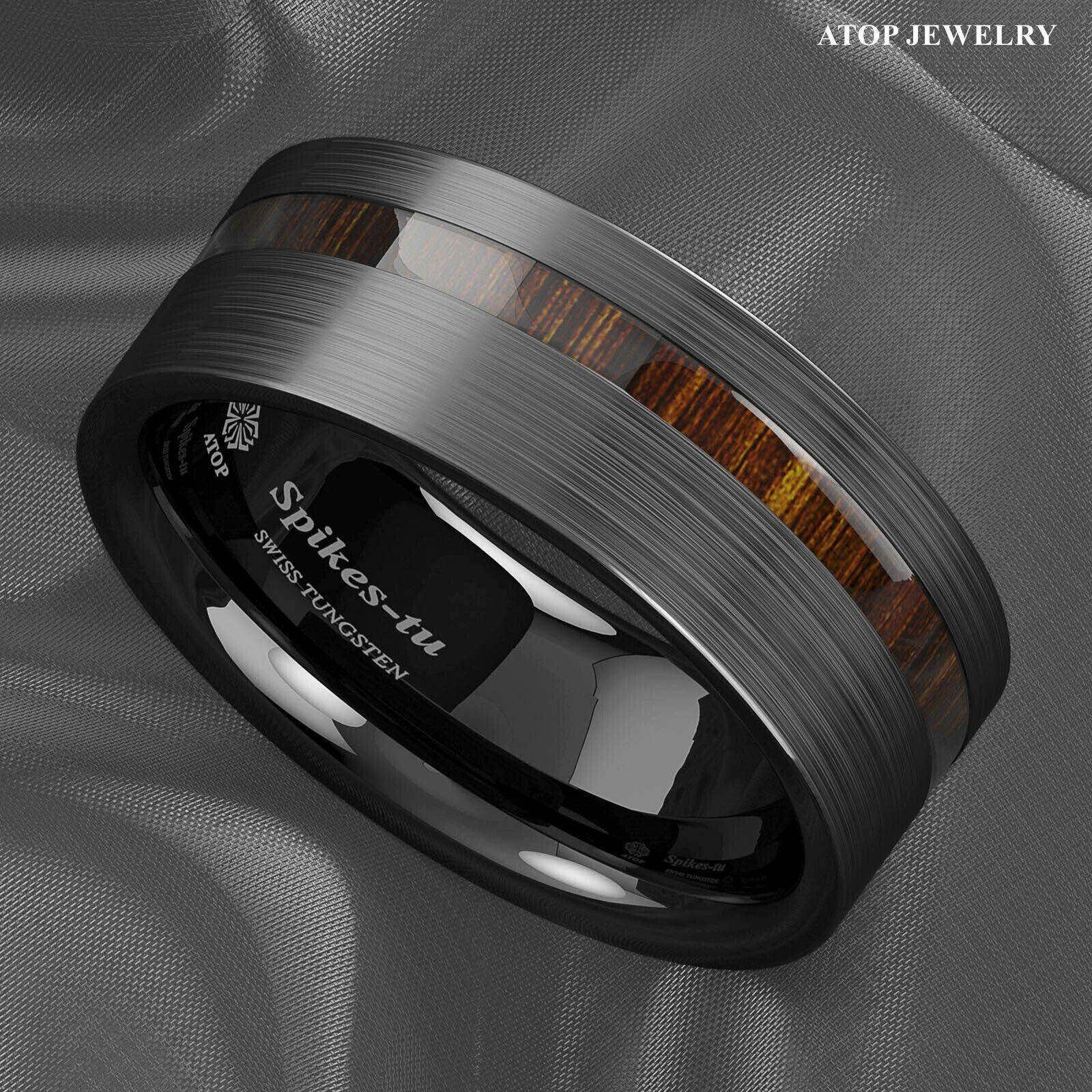8mm Black/Silver Tungsten Carbide Ring Off Center Koa Wood ATOP Wedding Band
