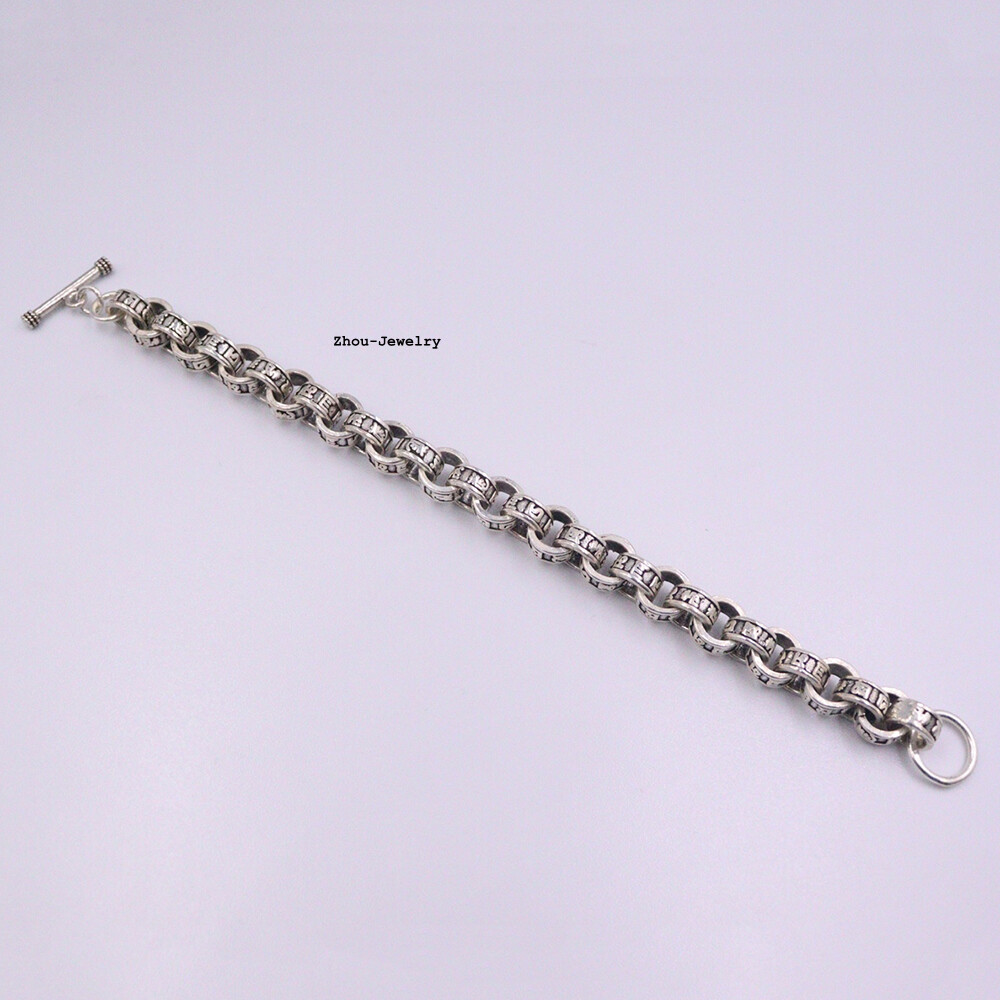 Pure 925 Sterling Silver Chain 10mm Six-word Rolo Link Bracelet 47-49g 7.48INCH
