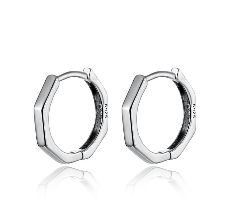 Solid 925 Sterling Silver Octagon Huggie Hoop Earrings Plain 15mm Men Women D25