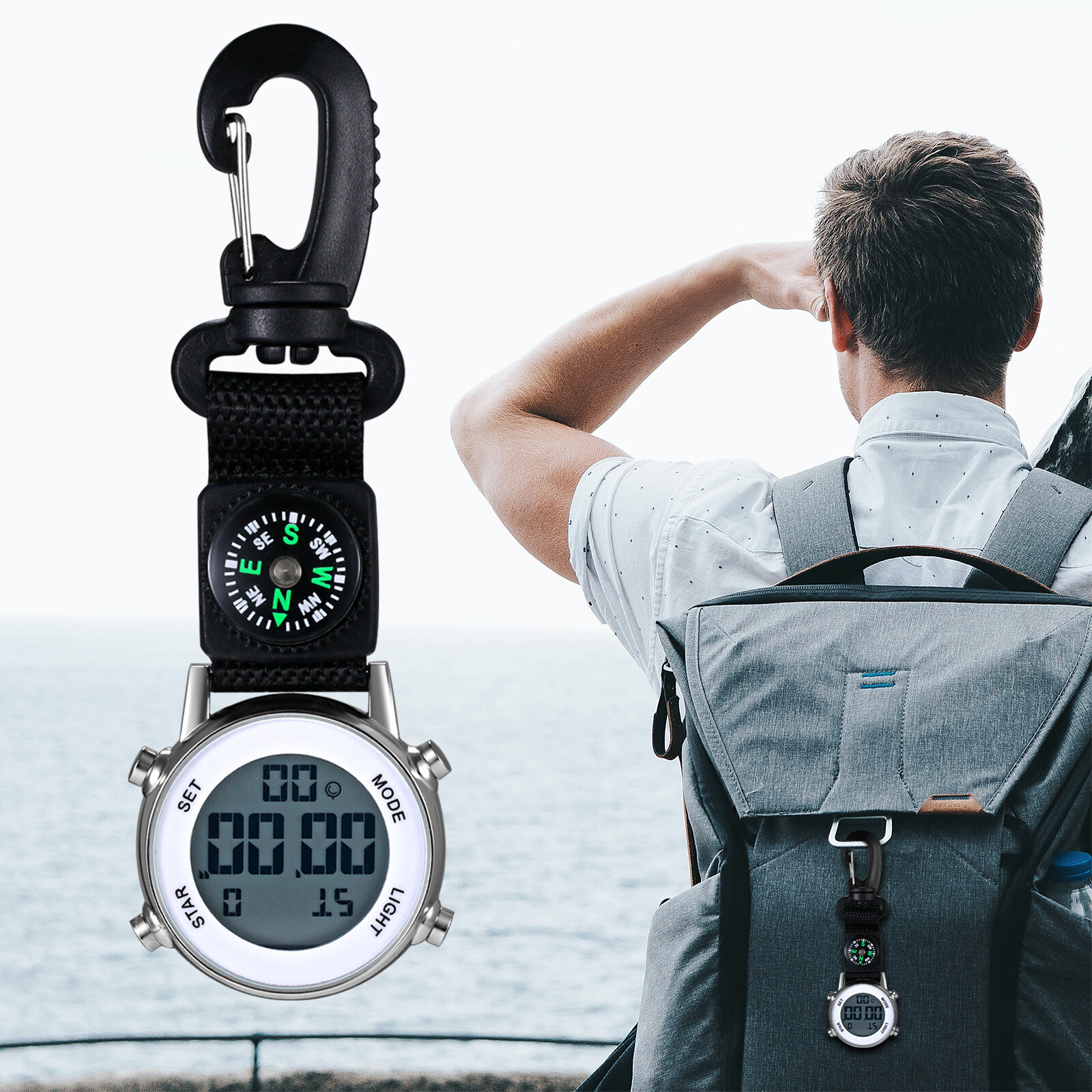 Clip-on Carabiner Light Compass Waterproof Digital Quartz Analog Watch Outdoor