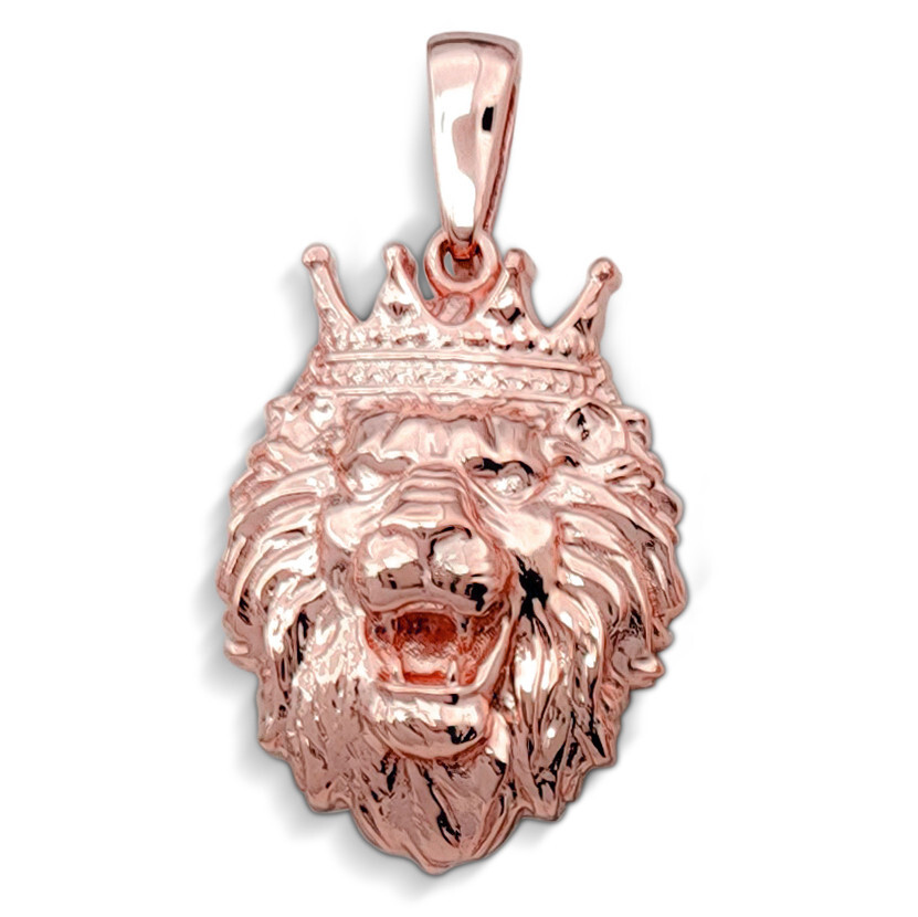 Real 10K Rose Gold Lion Pendant with Crown, 3 Sizes, Leo King Pendant