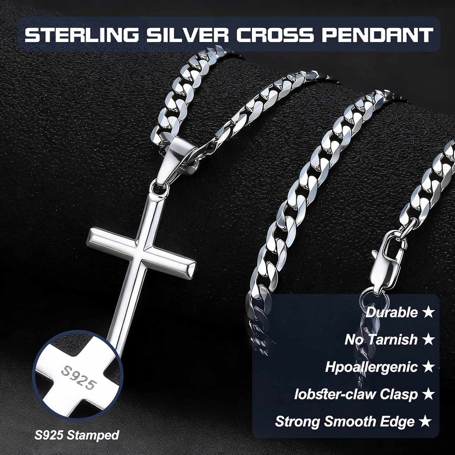 925 Sterling Silver Cross Necklace Beveled Edge for Men Women 5Mm Stainless Stee
