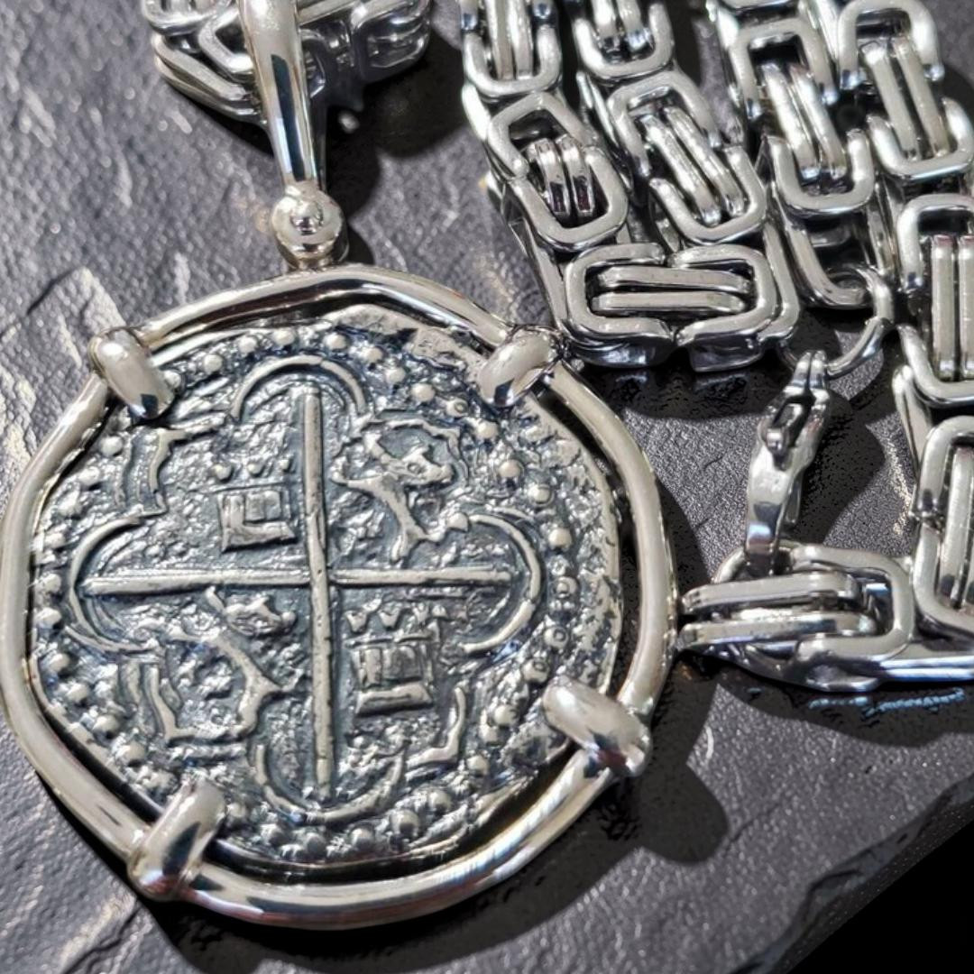 Large Atocha Silver Coin Pendant w Chain Oxidized Shipwreck Certificate