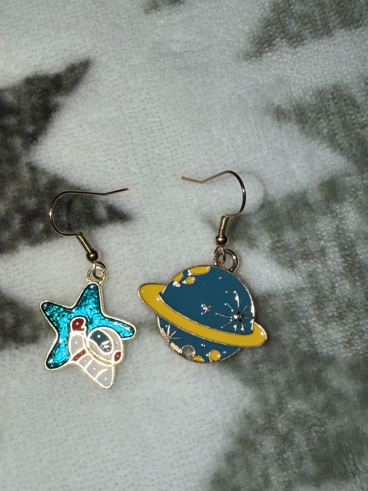 Blue Enamel Space Astronomy Asymmetrical Dangle Drop Earrings w/ Hook Closure