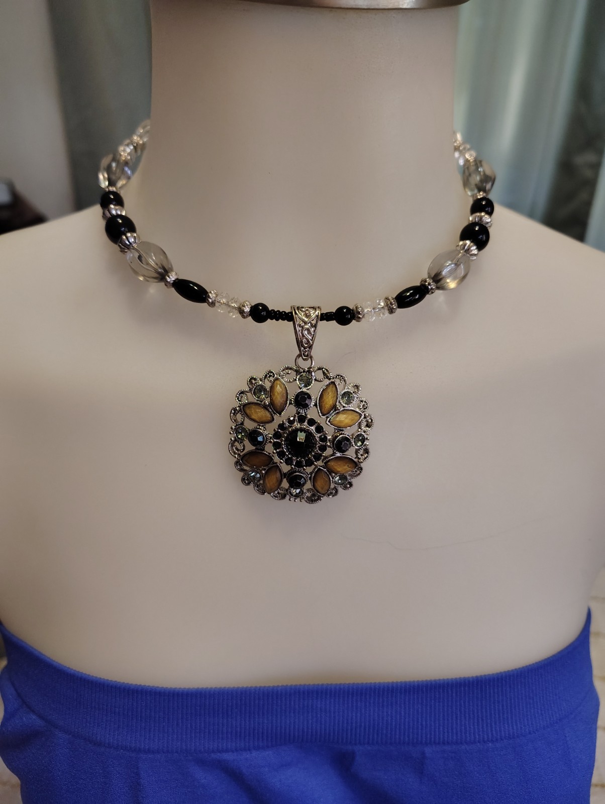 Silver Plated Black & Clear Crystal Glass Beaded Ball