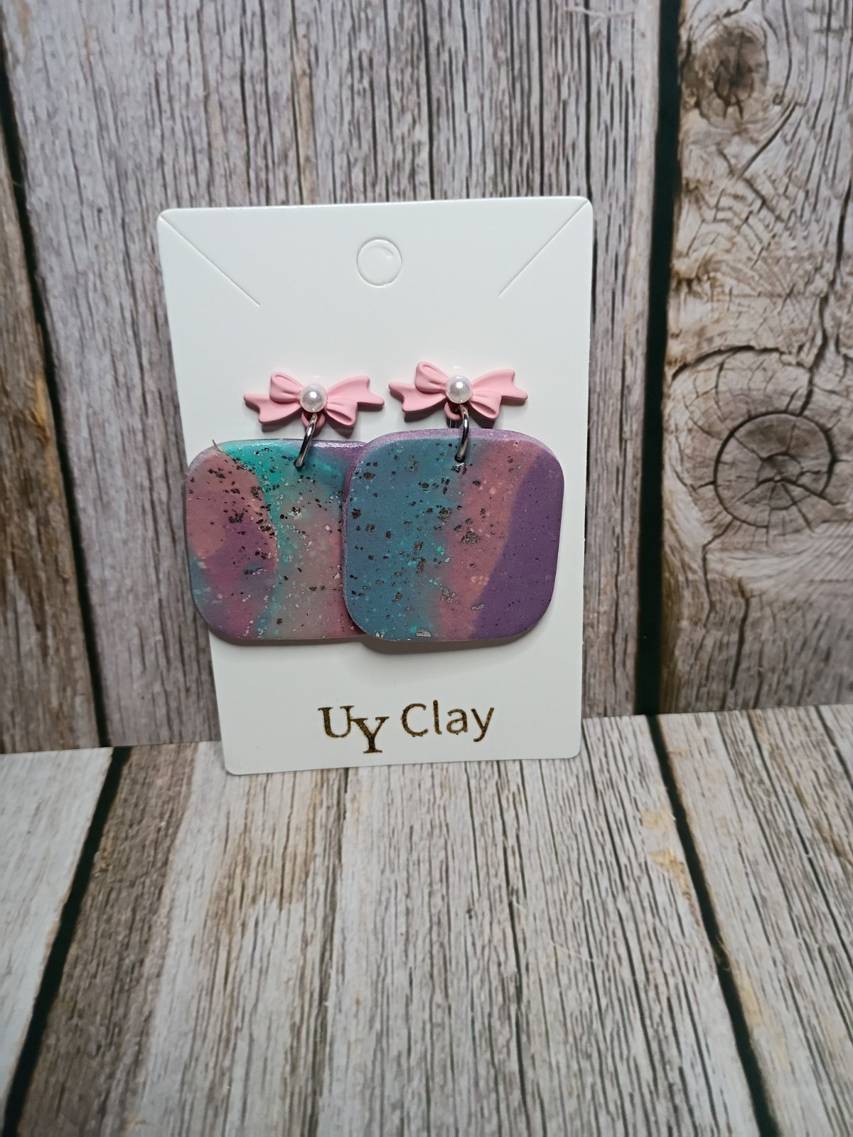 Handmade Pastel Marbled Square Ribbon Bow Polymer Clay Earrings – Hypoallergenic
