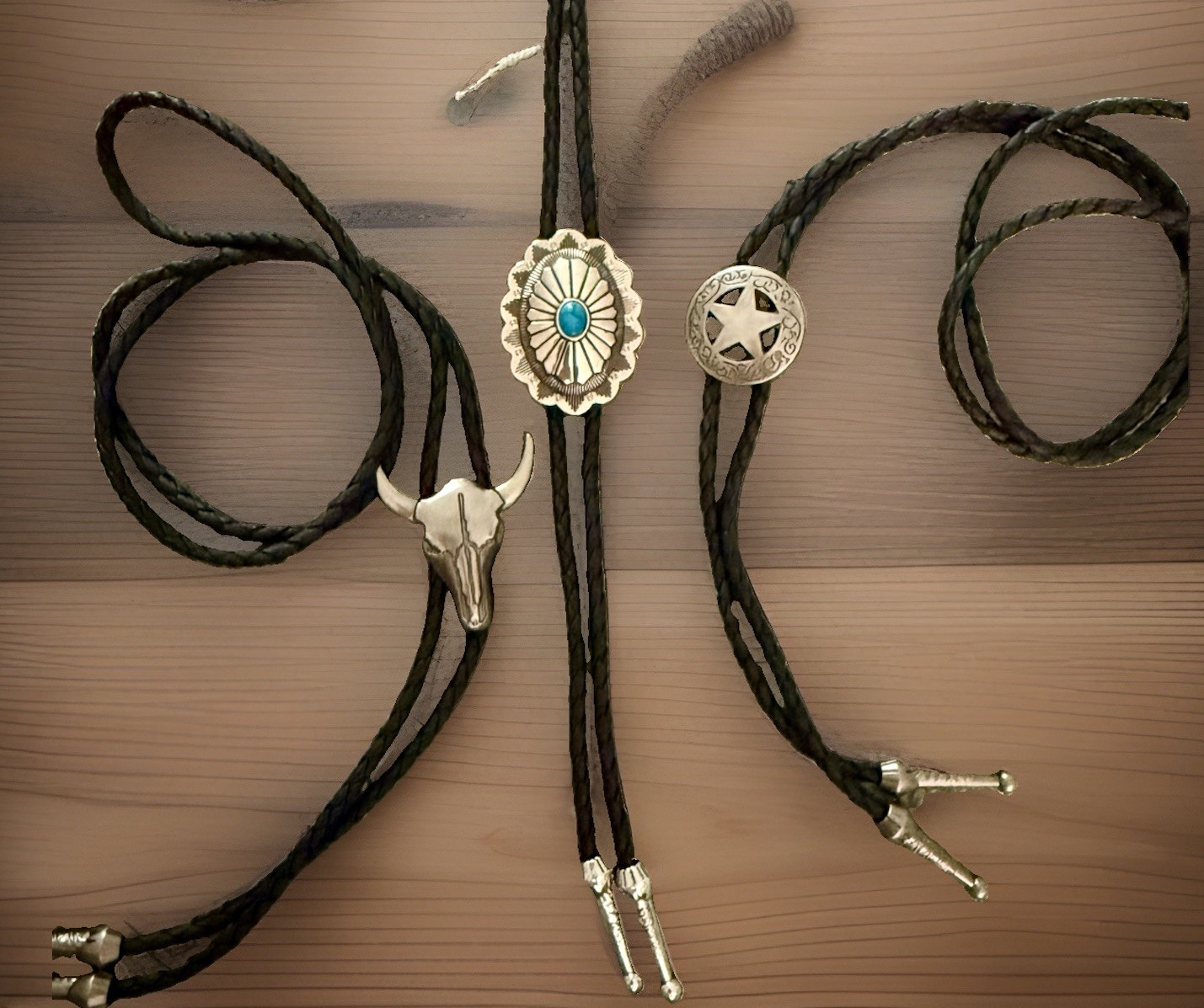 3Pc Bolo Tie Set With Adjustable Genuine Leather Cord Natural Tiger Eye Stone