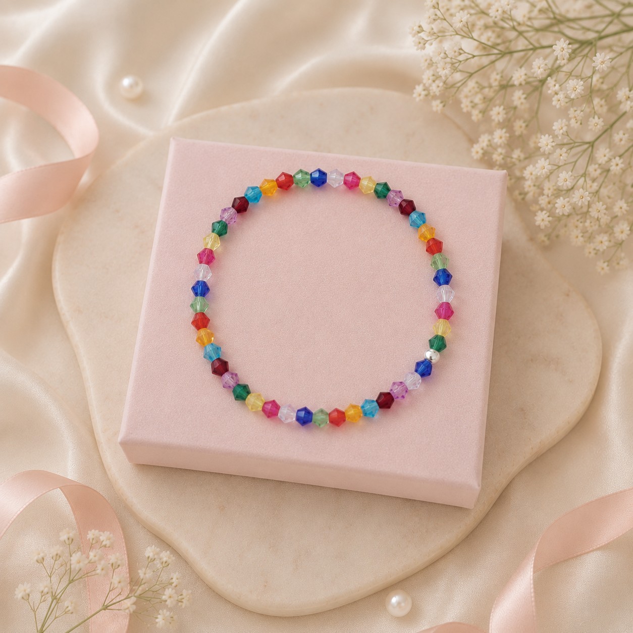 Summer Rainbow Crystal Stretch Beaded Bracelet Sterling Silver Bead Gift for Her
