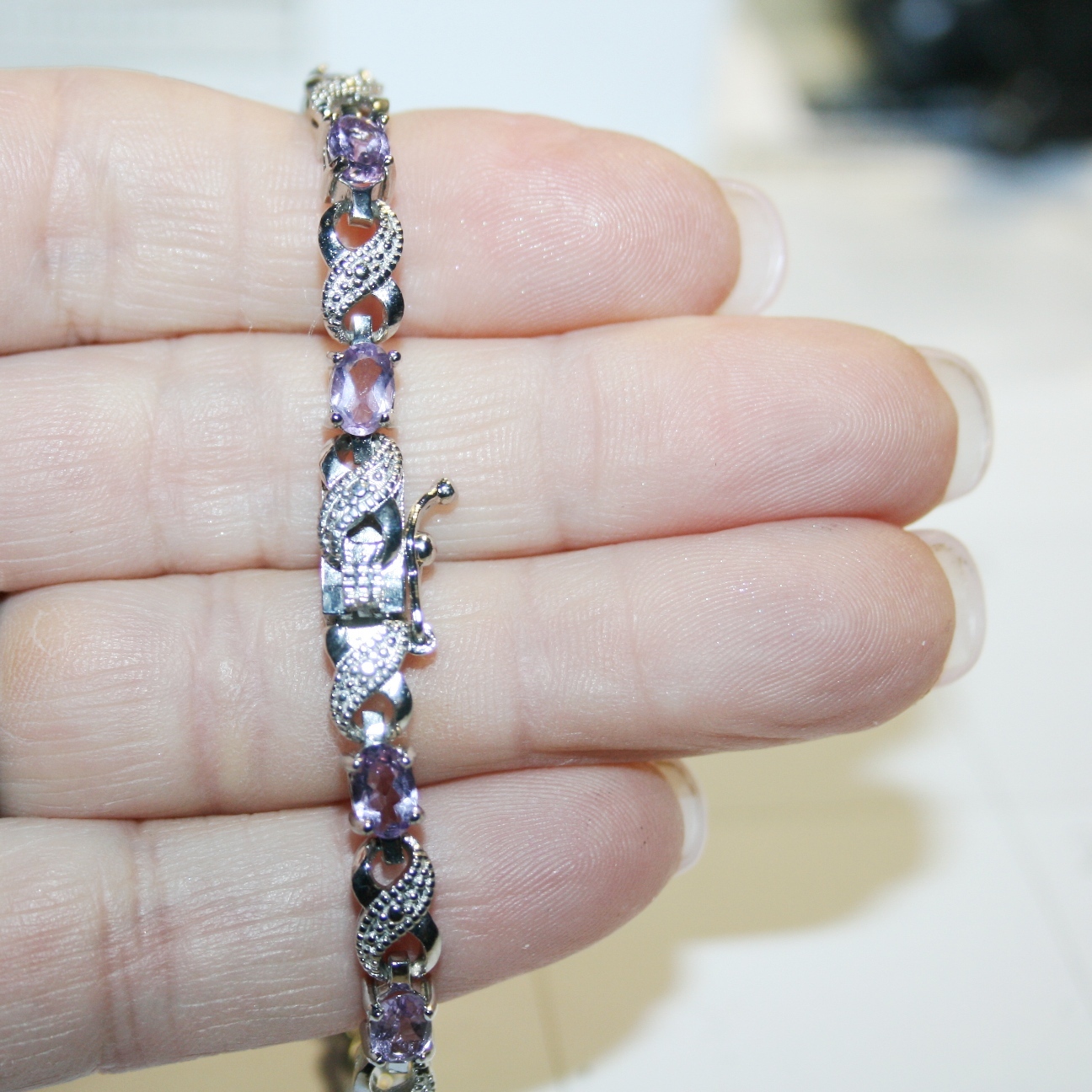 Purple Amethyst Tiny Diamond XO Tennis Bracelet 14k White Gold over Base 7.5 In