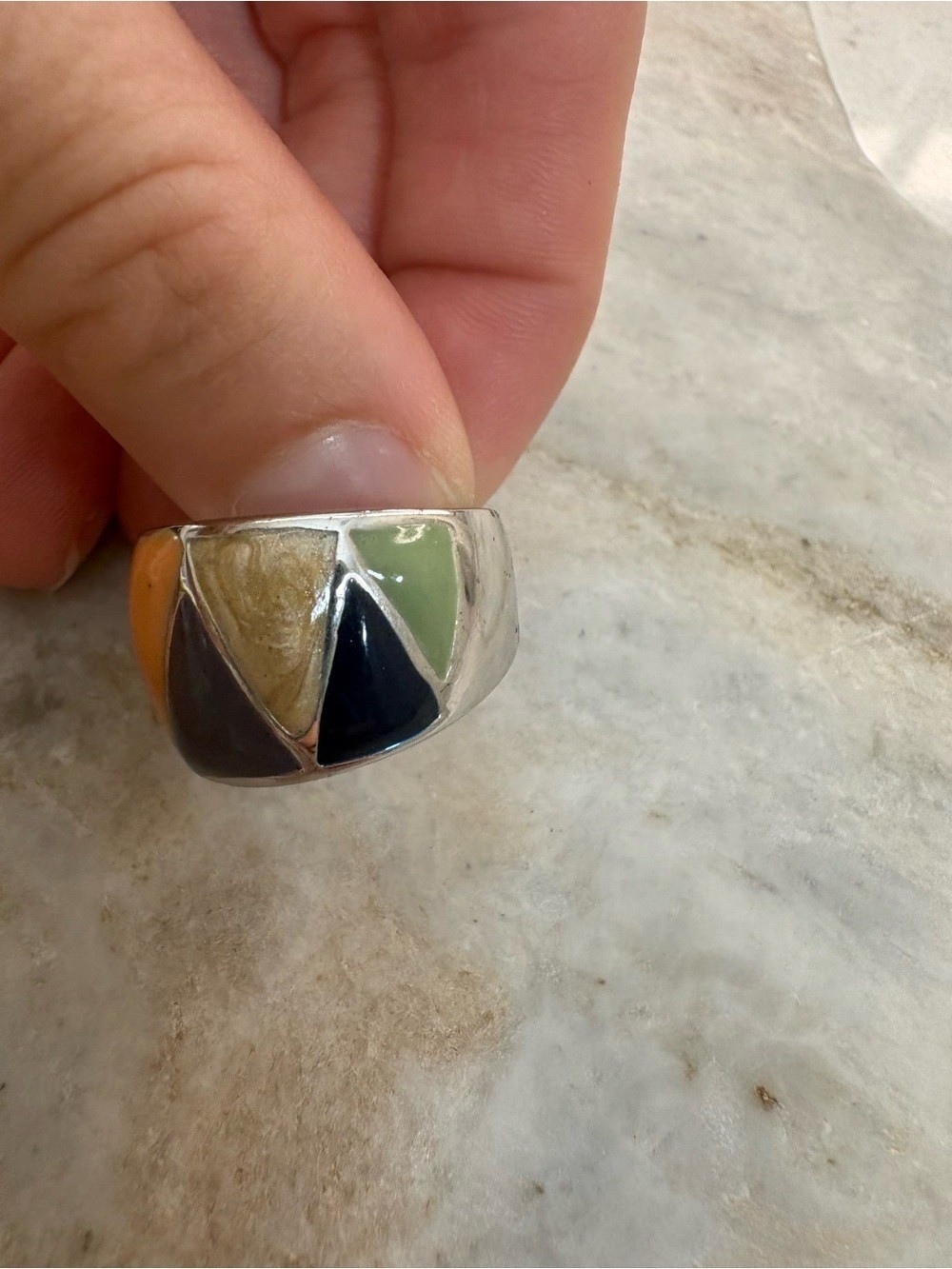 Multicolor Geometric Inlay Ring Green, Orange, Cream, Blue, Purple – Size 8.5