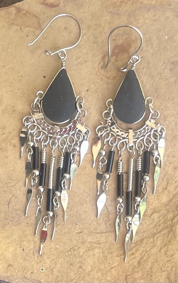 Peruvian Black Onyx Semi-Precious Stone Seed Bead Earrings Handmade Boho Peru
