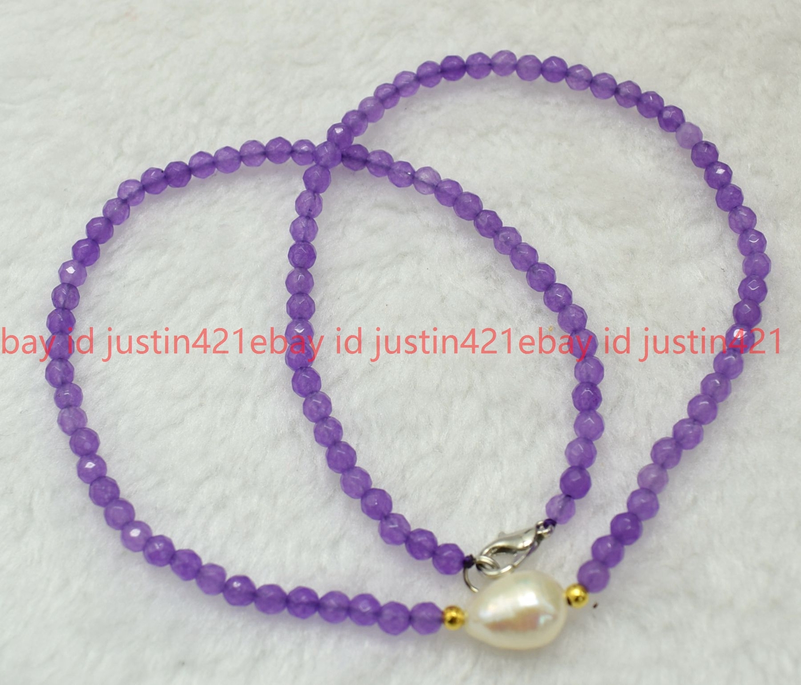 4mm Faceted Lavender Jade Round Gemstone & 11-12mm White Baroque Pearl Necklace