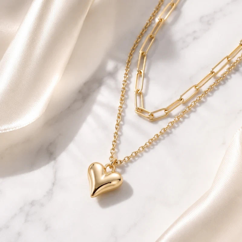 Puffy Heart Layered Necklace 18K Gold Plated Paperclip Chain Set