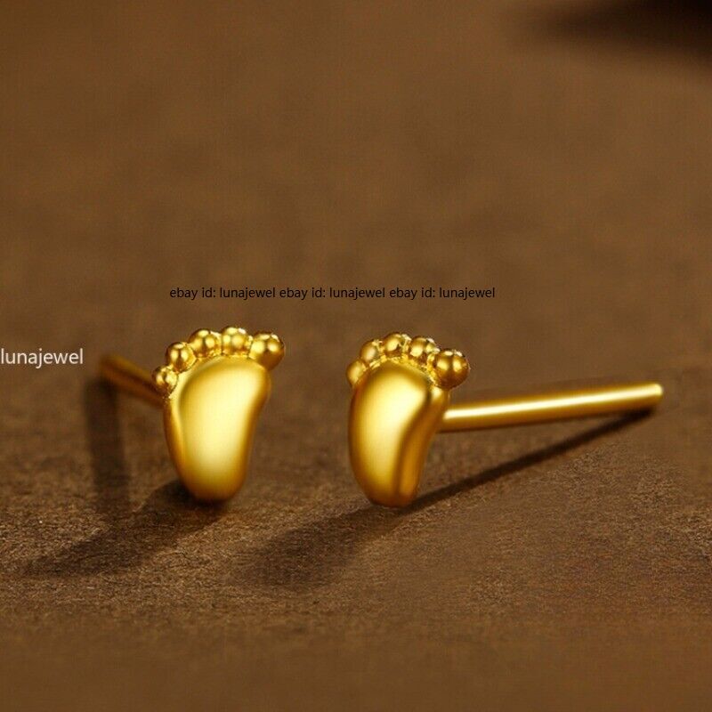 Pure 999 24K Yellow Gold Mini Little Foot Stud Earrings Women 0.5-0.55g