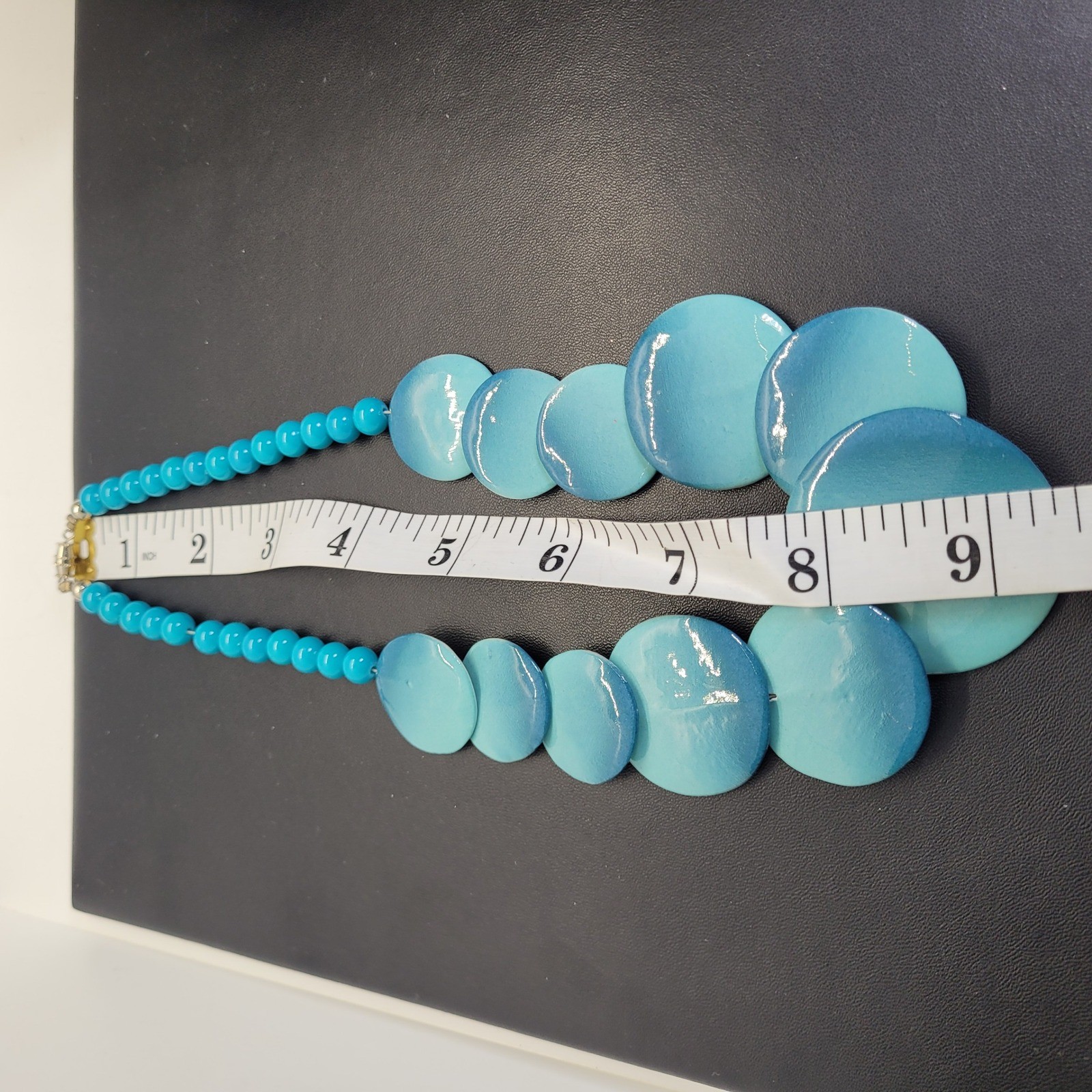 Blue Ombre Ceramic Disc Statement Necklace Turquoise Beaded Barrel Clasp 18in