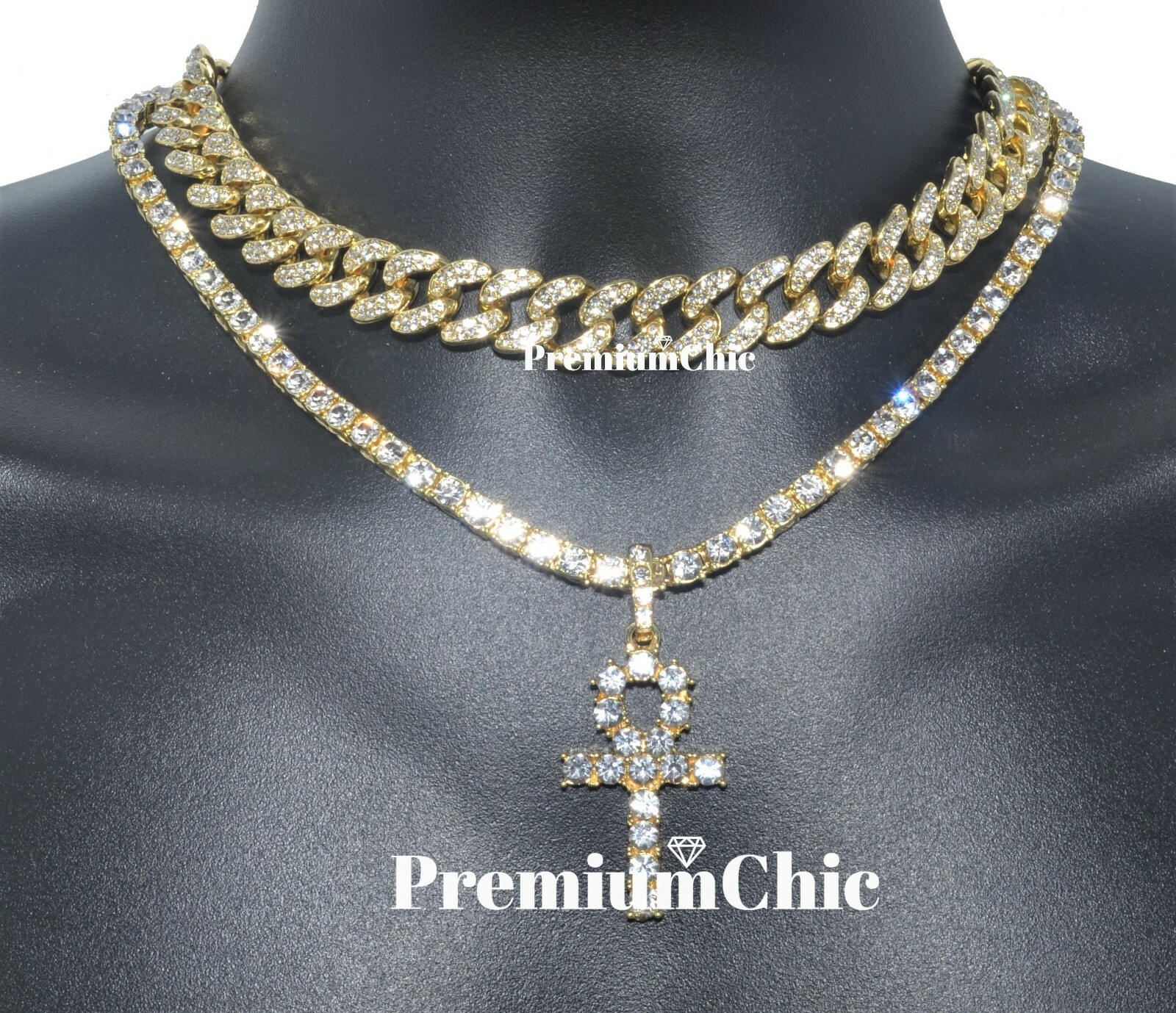 Gold Plated Men ANKH Pendant Tennis Necklace & Miami Cuban Choker CZ Jewelry SET