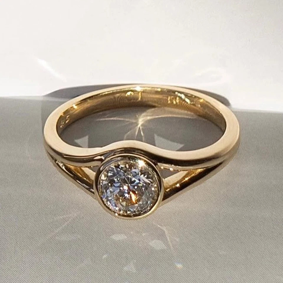 2Ct Round Cut Real Moissanite Bezel Solitaire Ring In 14K Yellow Gold Plated