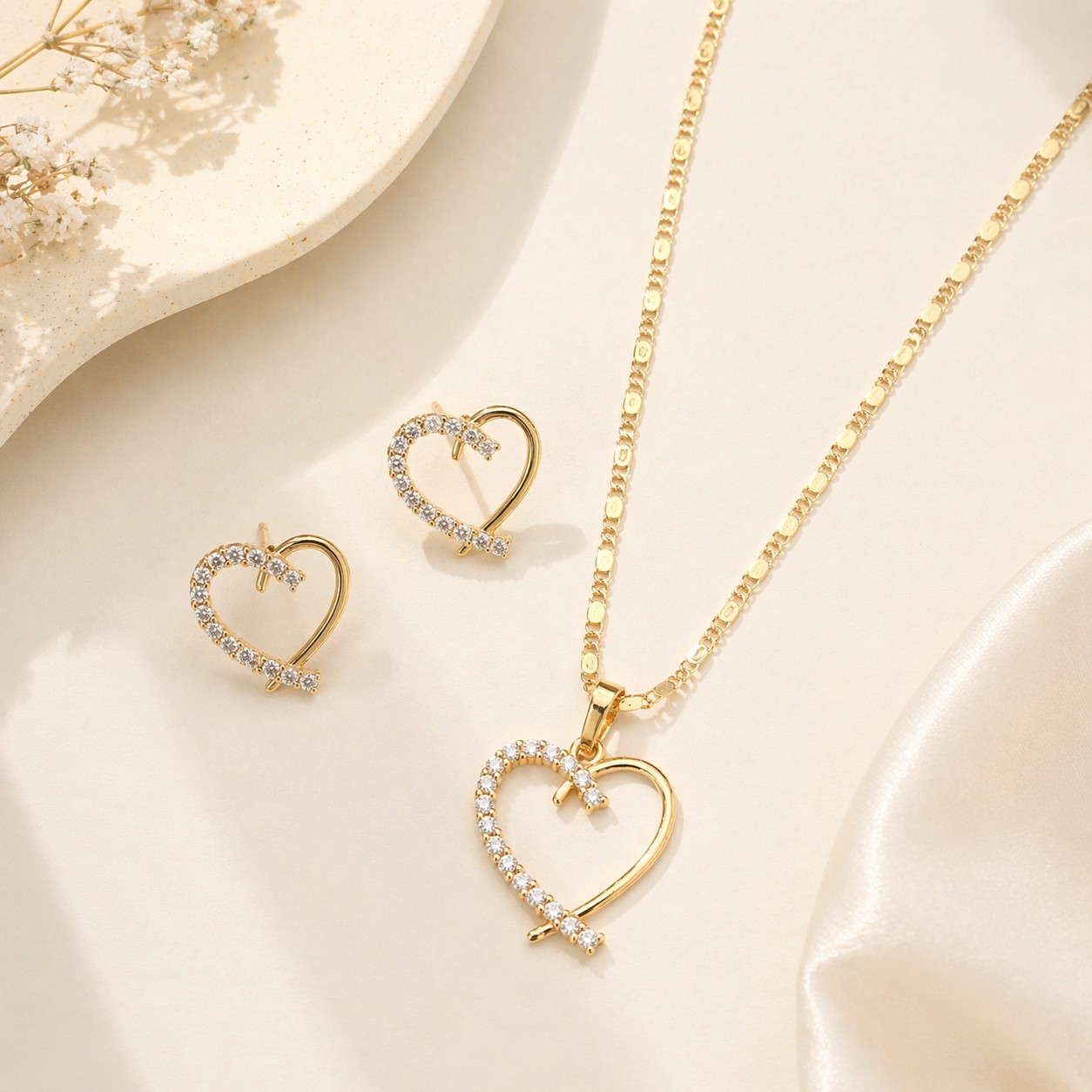 18K Gold Plated Heart Jewelry Set CZ Necklace 18″ And Stud Earrings Gift for Her