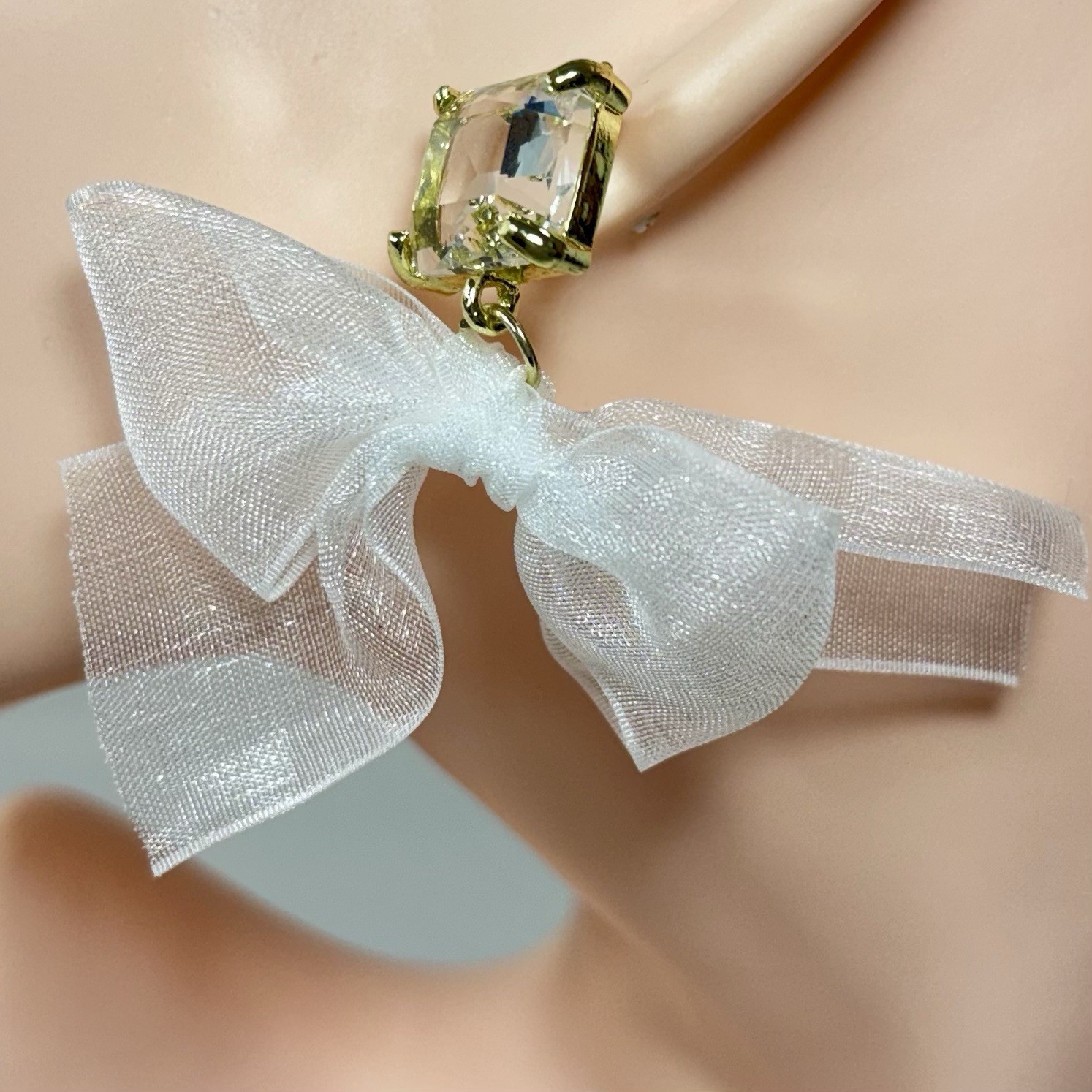 New UYN UYN Design/Korea 925 Post GoldTone Earrings Glass Stone Sheer Ribbon Bow