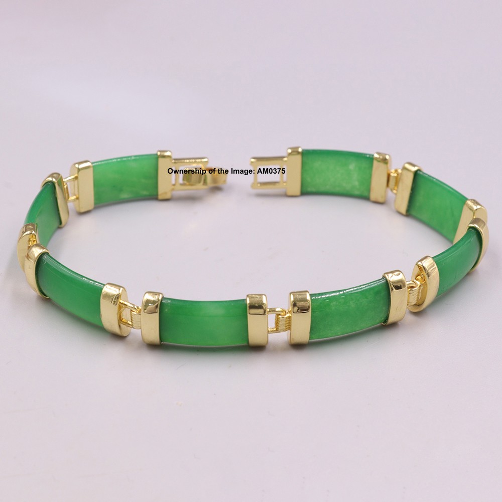 Gold Plated Alloy 10mm Rectangle Green Jade Women’s Bracelet 7.48inch