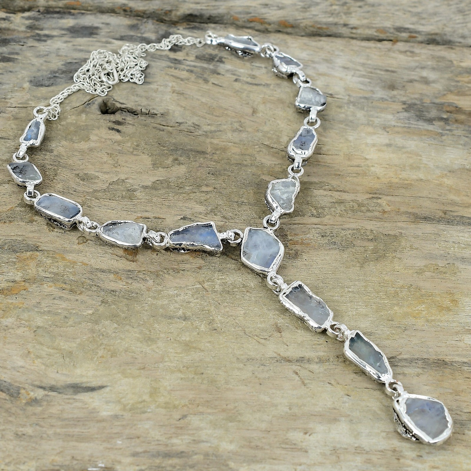 Moonstone Rough Copper Electroformed Silver Plated Adjustable Necklace 18.0″