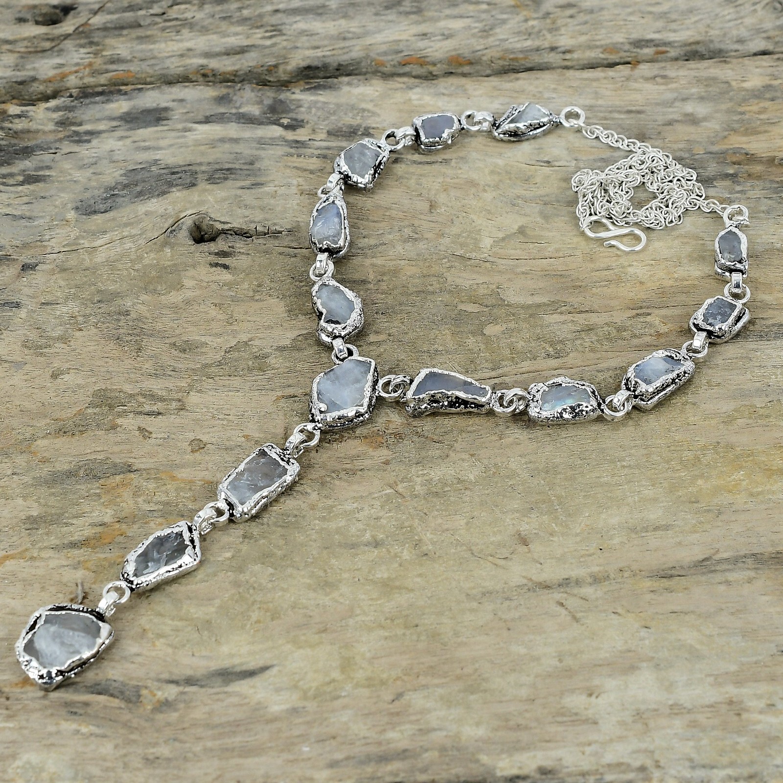 Moonstone Rough Copper Electroformed Silver Plated Adjustable Necklace 18.0″