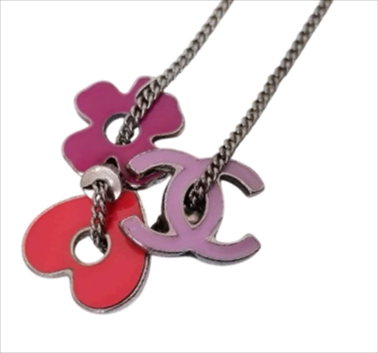CHANEL Necklace CoCo Mark Heart Clover Charms Silver Length: 15.7 in.