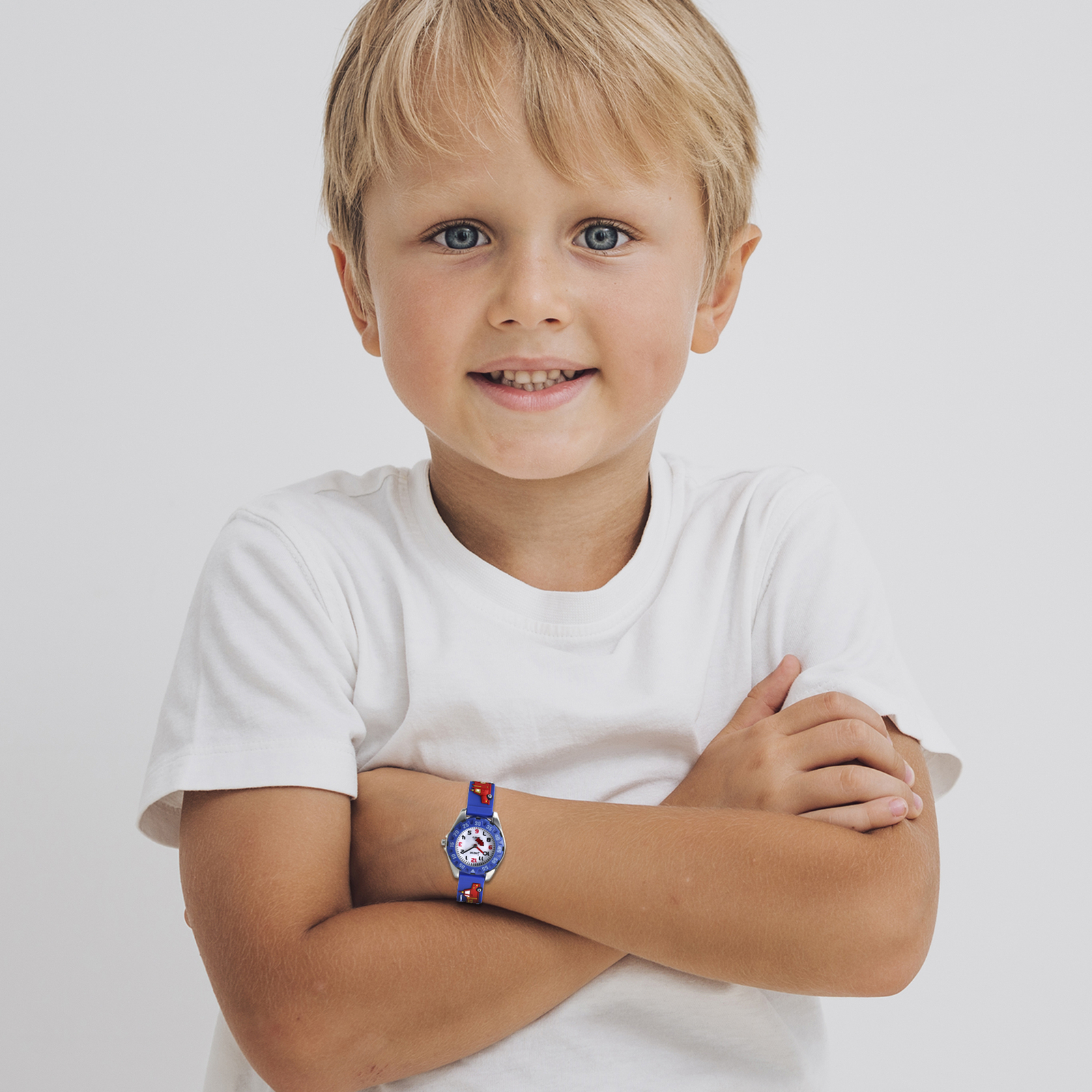 Children Rotatable Bezel Watch 3D Cute Kids Boy Fire Truck Strap Blue Wristwatch