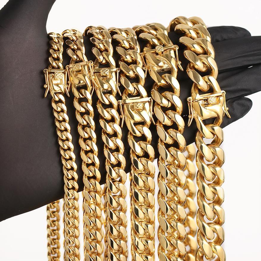 Miami Cuban Link Bracelet Chain Set 18k Gold Plated Stainless Steel 4mm-14mm