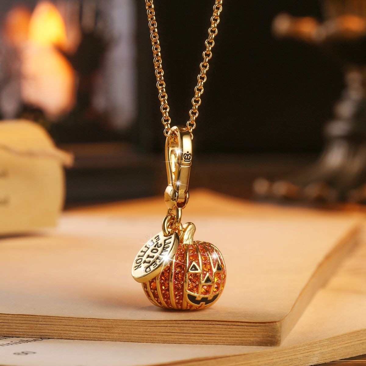 Halloween Pumpkin Pendant Necklace with Bag Chain Gold Plated Jewelry Gift