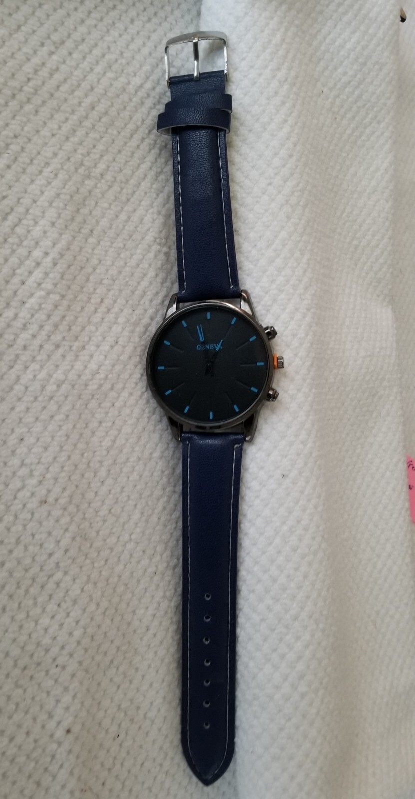 NWOT Geneva Black Watch 41mm Navy Trim & Faux Leather Band 6″-7.5″ New Battery