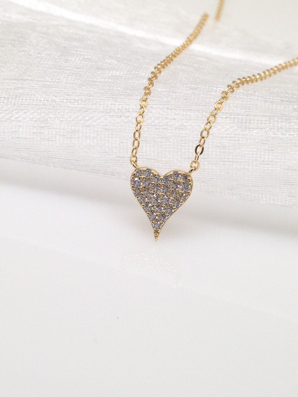 Gold Pave Cz Heart Necklace 925 Sterling Silver Pendant 9mm(0.35″) 17.75″ Tiny
