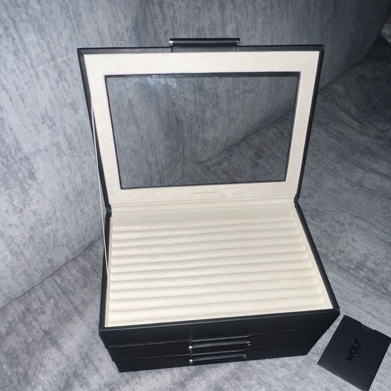 WOLF Black Faux Leather Jewelry Box w glass window, Velvet Lined Storage