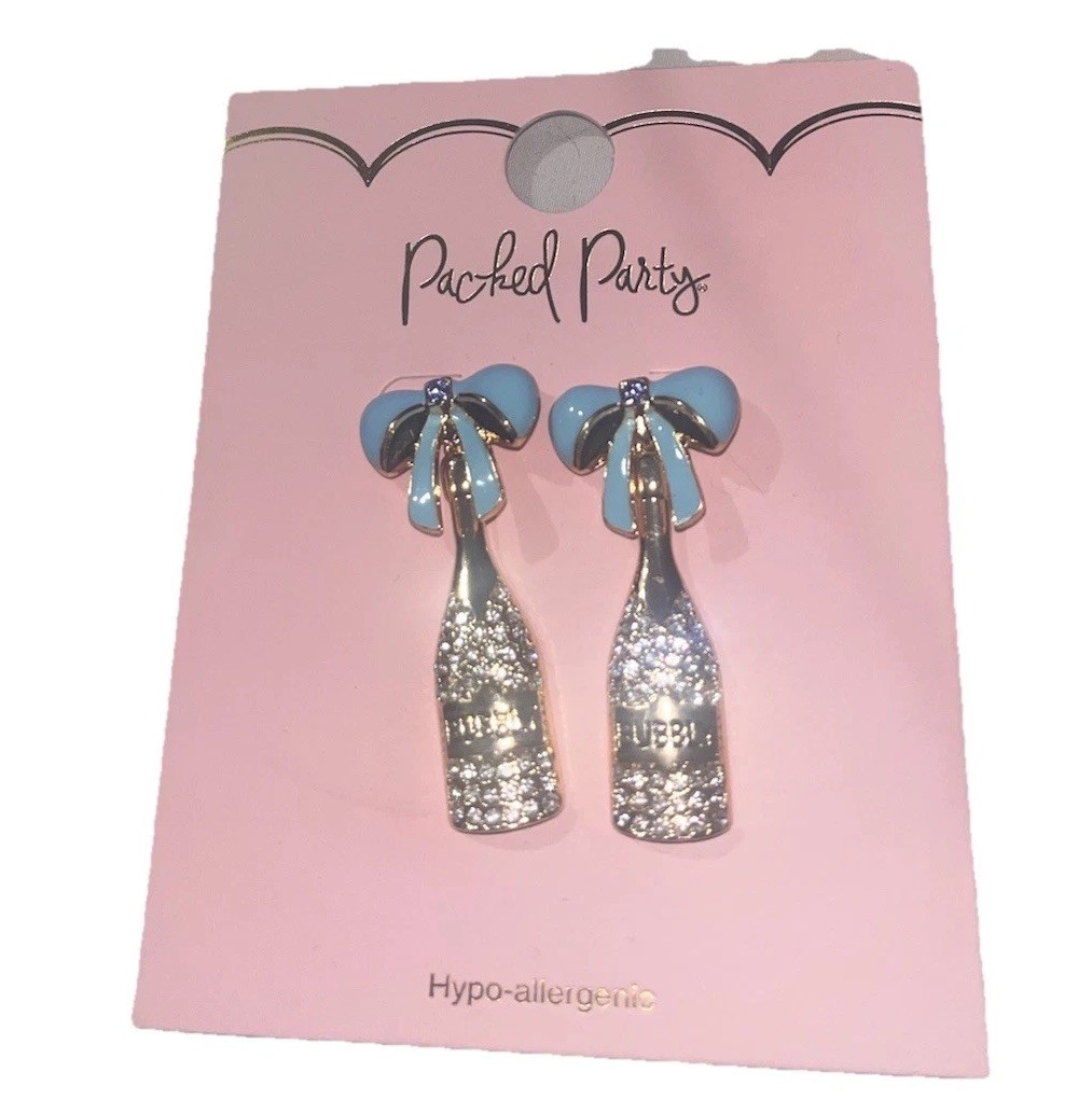 Packed Party Champagne Bottle Earrings Hypo Allergenic Bling Rhinestone Drink