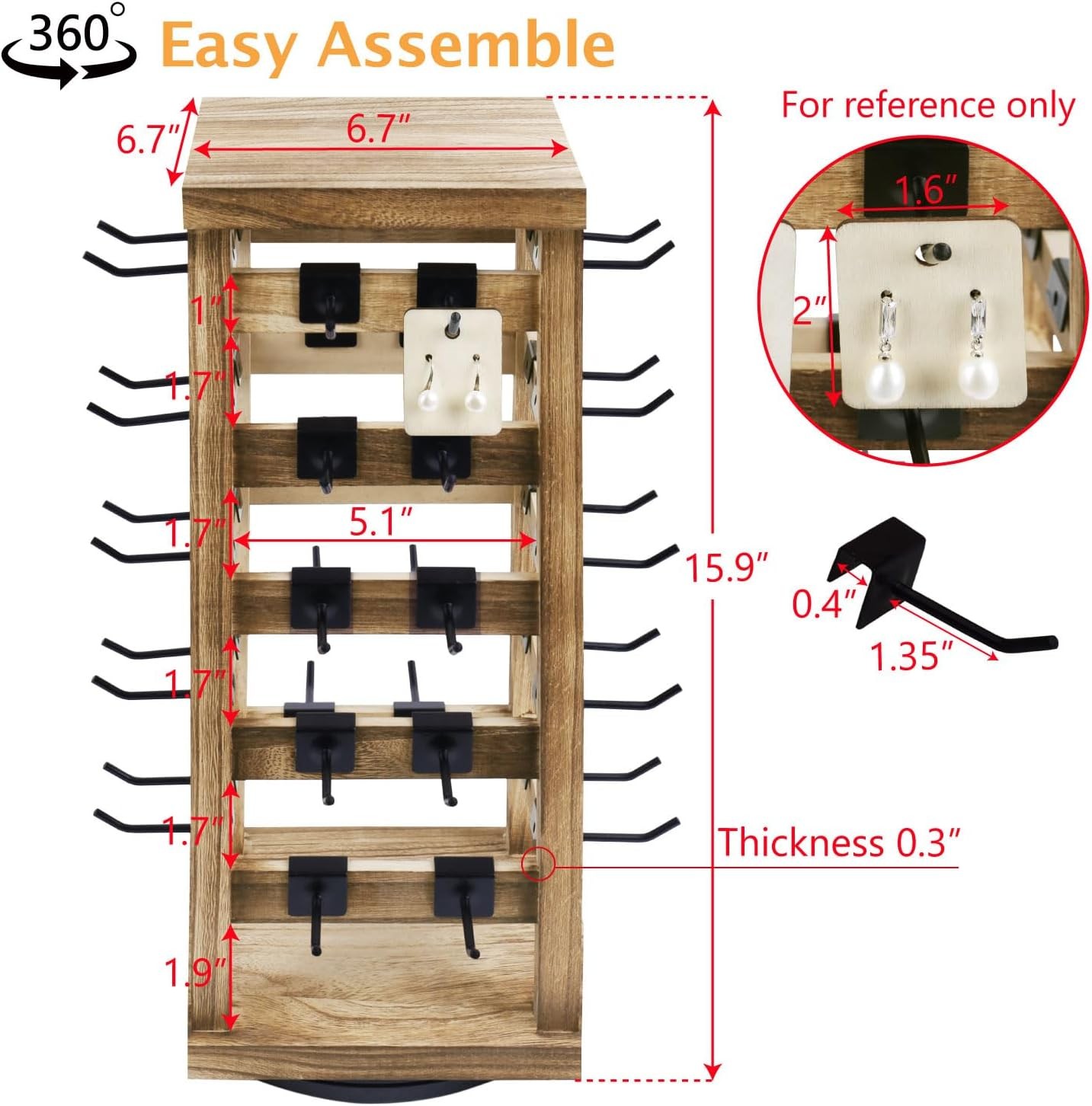 Wood Rotating Jewelry Display Removable 42 Hooks Earring Organizer Stand Oak