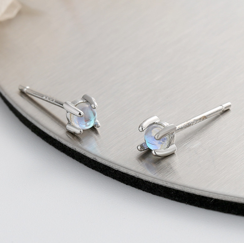 925 Sterling Silver Tiny Moonstone Opal Stud Post Earrings 5mm Gift F16