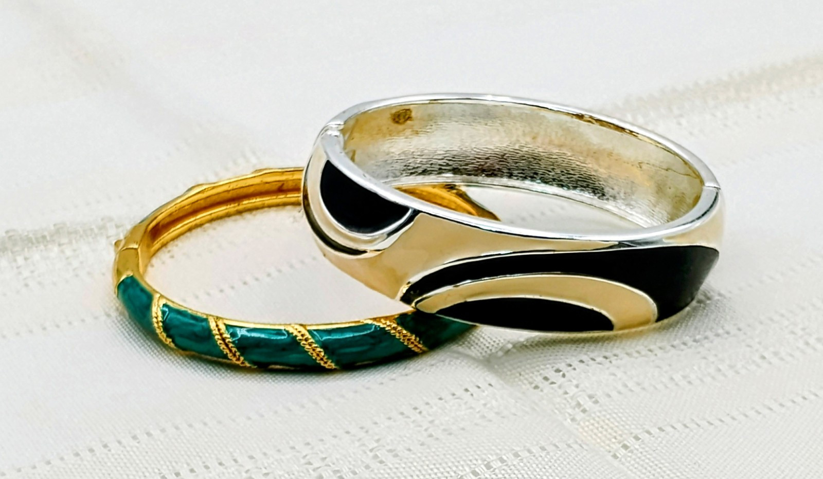 Enamel Bracelets Hinged Green with Gold & Beige W/ Black/ Silver 1970s To 1980s