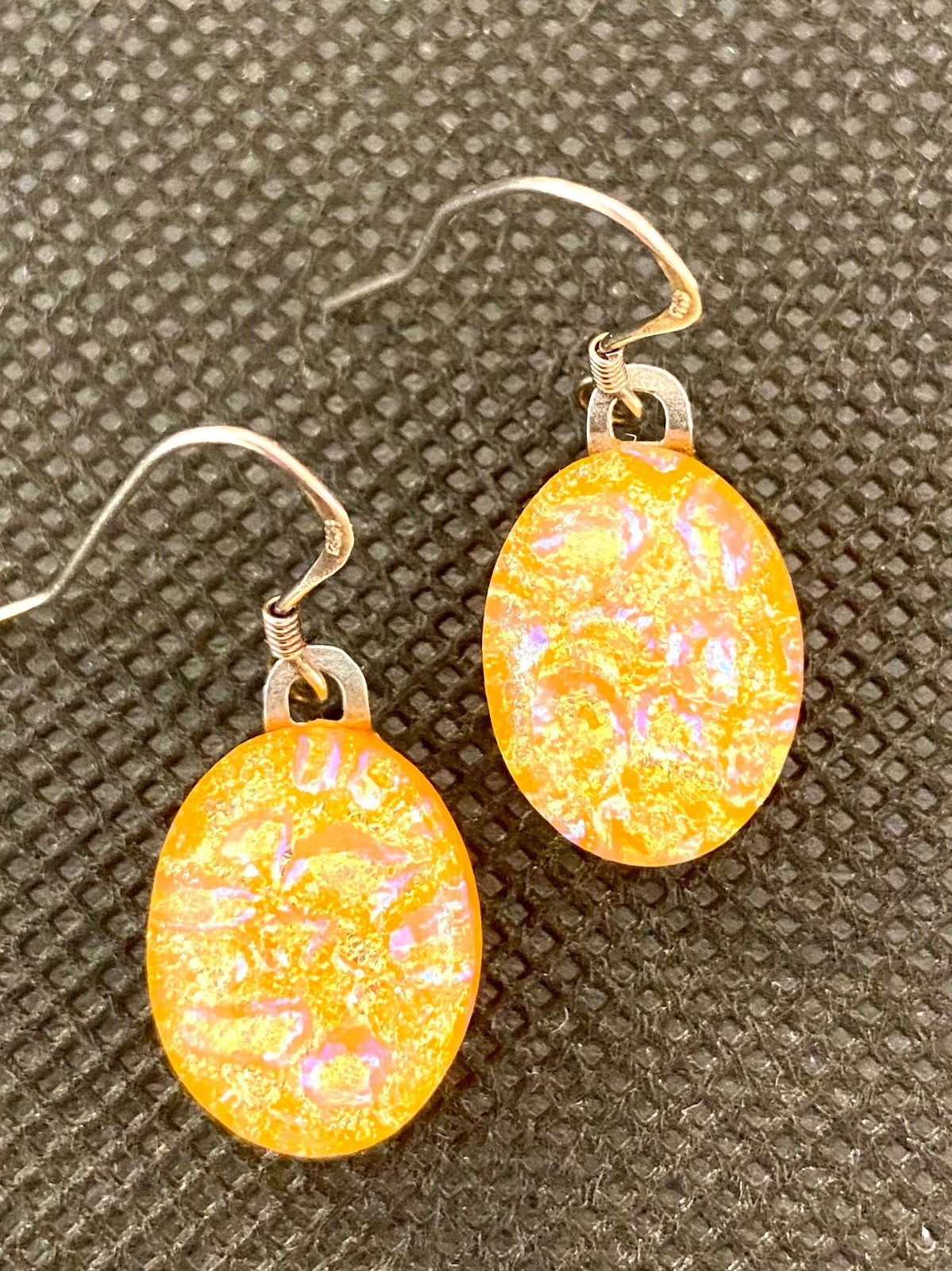 Orange Fused Dichroic Art Glass Dangle Earrings – Sterling Silver Ear Wires