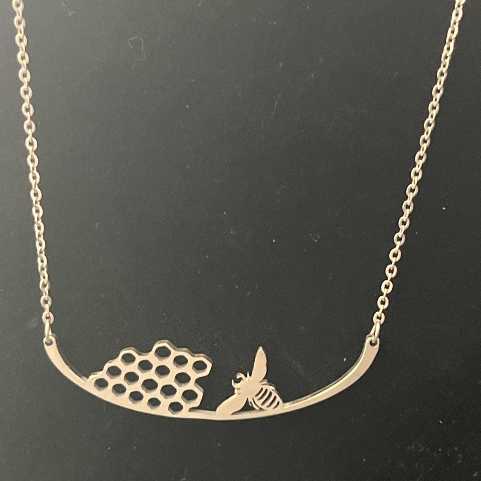 Bumblebee Honeycomb Silver tone Necklace Chain Flying Bee Honey 18” Nature