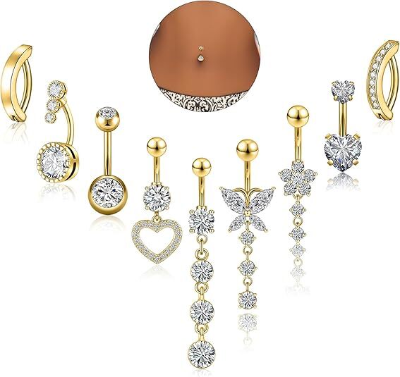 9pc 14G CZ Belly Button Ring Long Dangled Navel Bar Piercing Jewelry Silver Gold