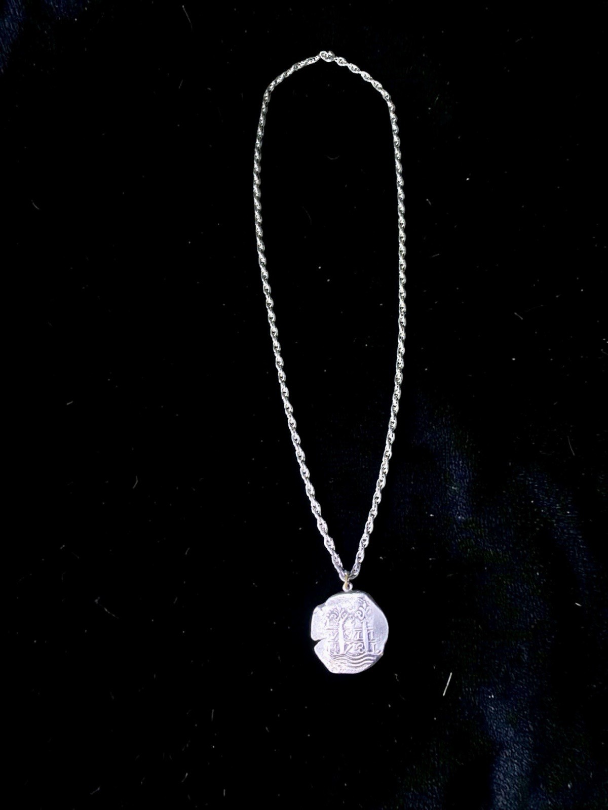 Sterling Silver Atocha Shipwreck Replica Coin Pendant 3mm Rope Chain 30g Estate