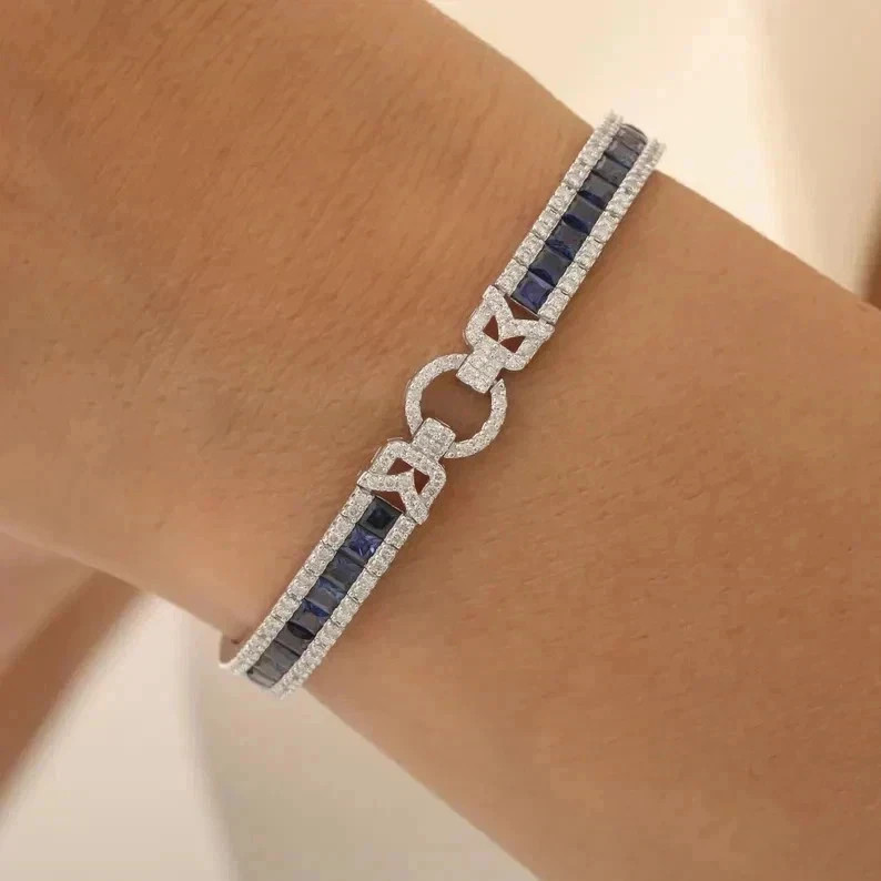 12ct Lab Created Princess Cut Blue Sapphire 14K Gold Plated 925 Tennis Bracelet