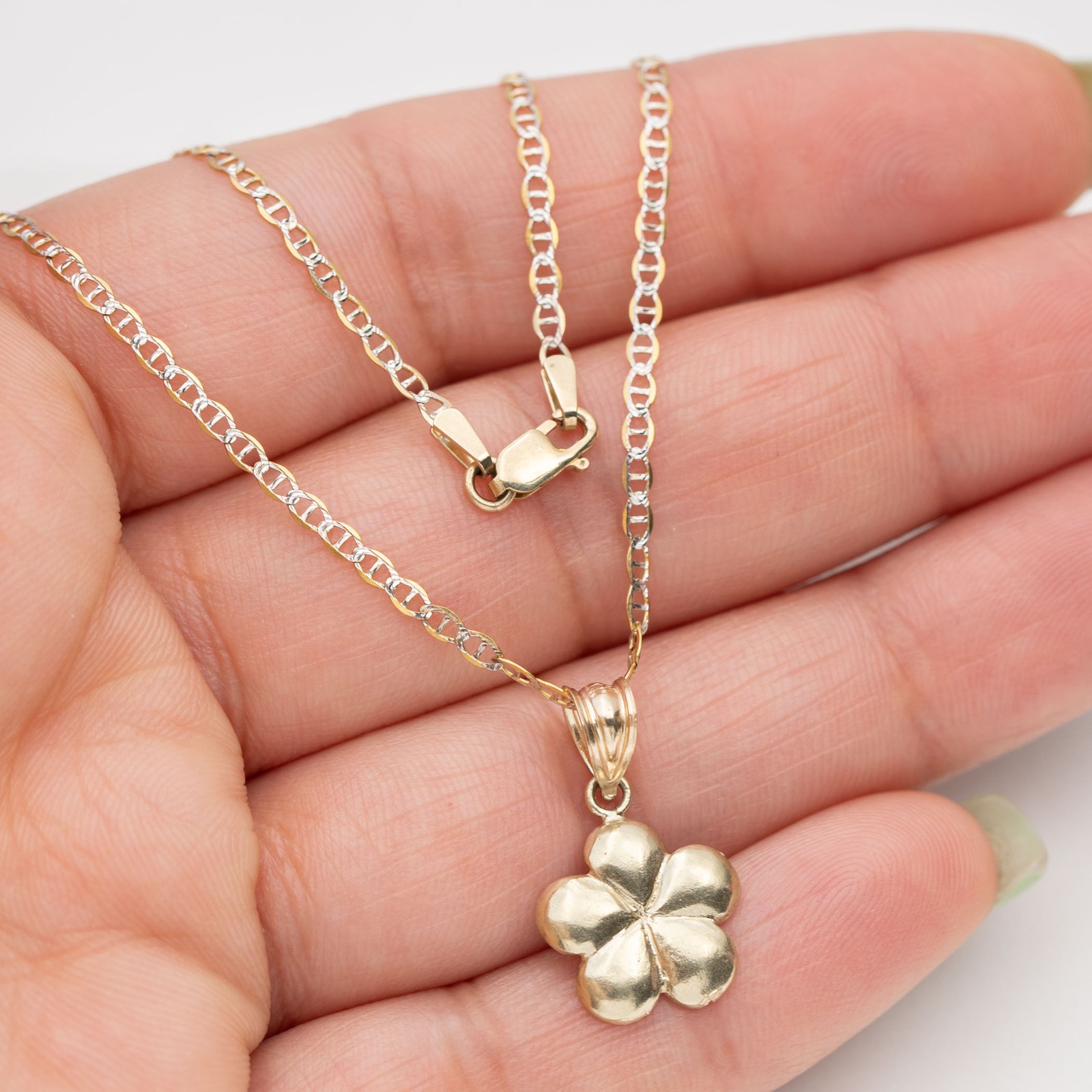 Pendant Necklace 10K SOLID GOLD Diamond-Cut Flower Yellow White Gold All Sizes