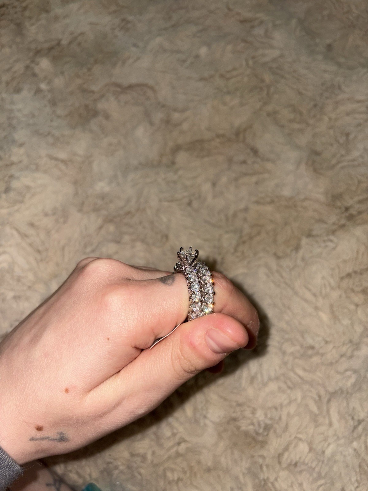White Round Moissanite Multi Row Band Ring Silver Tone Size 8 two piece